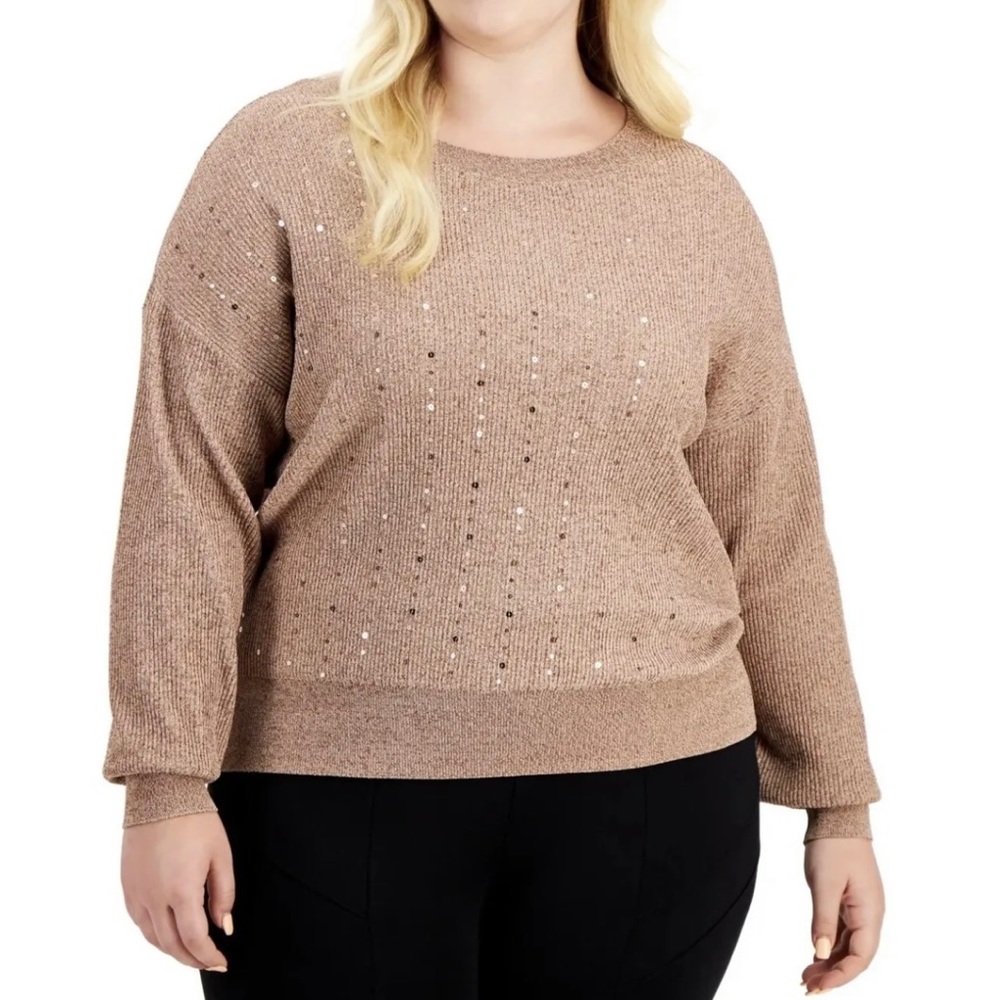 New Alfani Women’s Round Neck Bronze Metallic Sequin Sweater Plus Size 2X